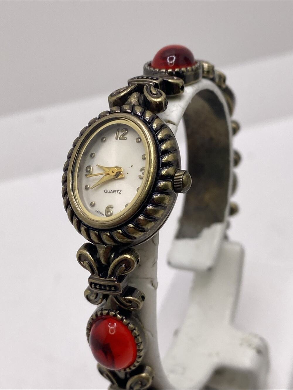 Womens Vintage Brass Tone Red Gem Watch New Battery